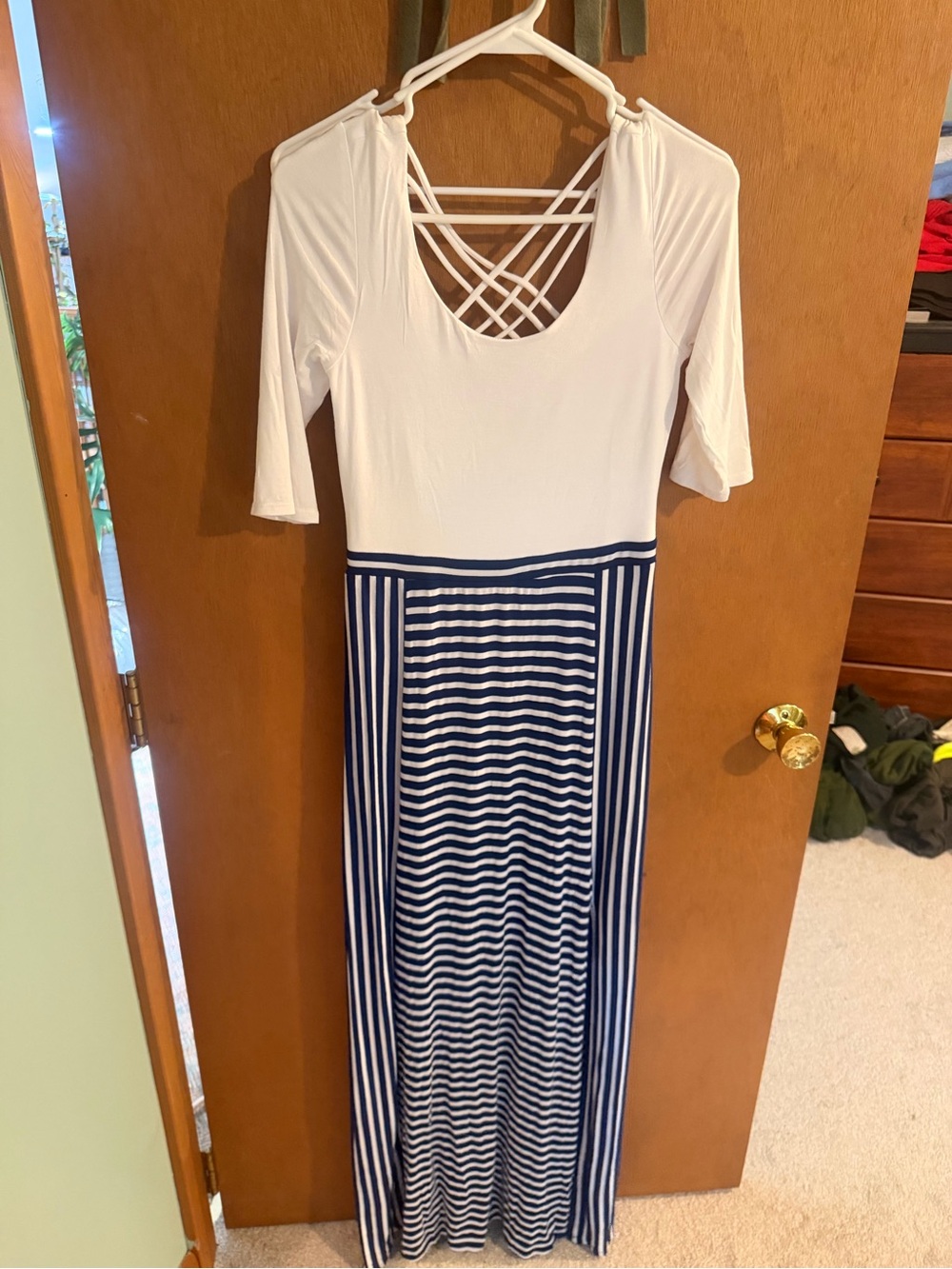 White & Navy Striped Maxi Dress with Crisscross Back